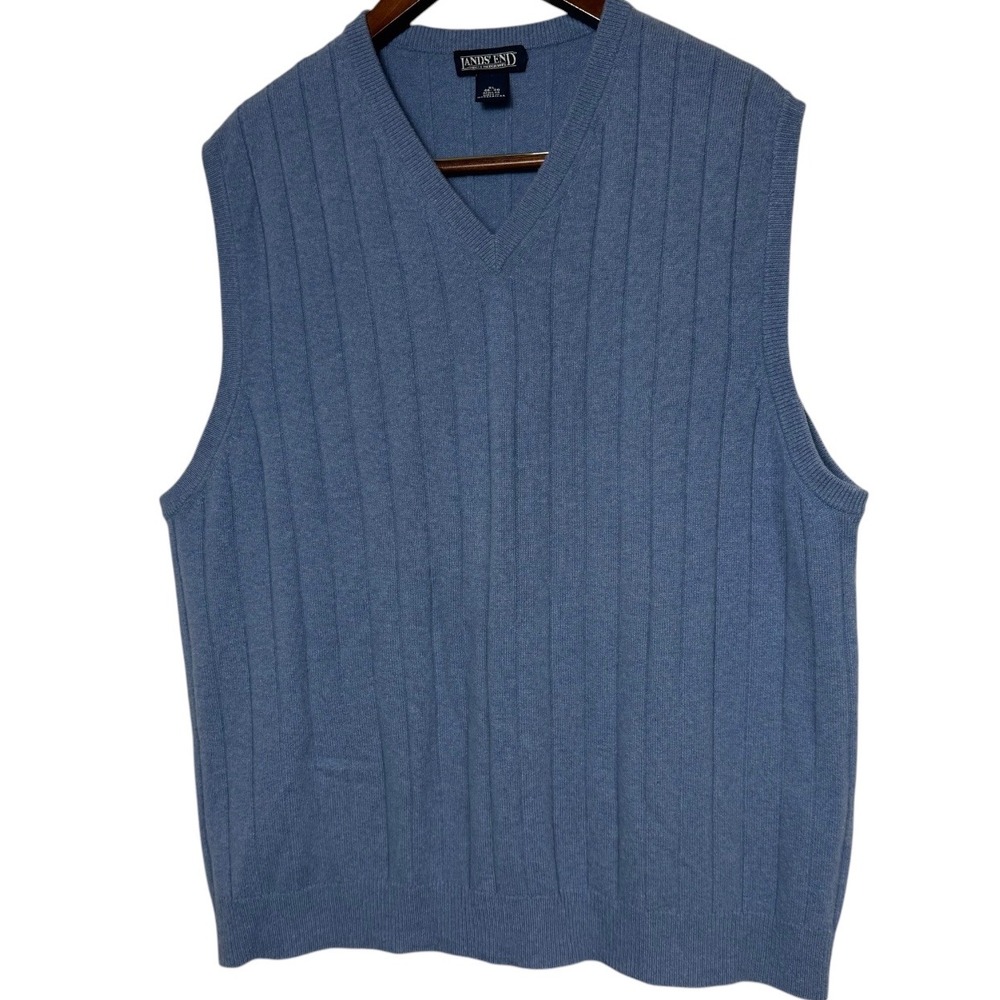 Lands End Mens Cashmere Sweater Vest XL Blue Ribbed V-Neck 580315 Regular